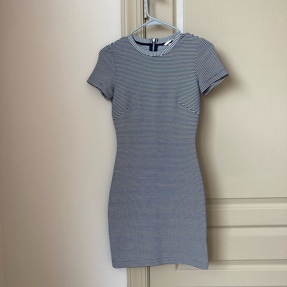 H&M Black & White Ribbed Striped Midi Dress Short Sleeve Crew Neck
